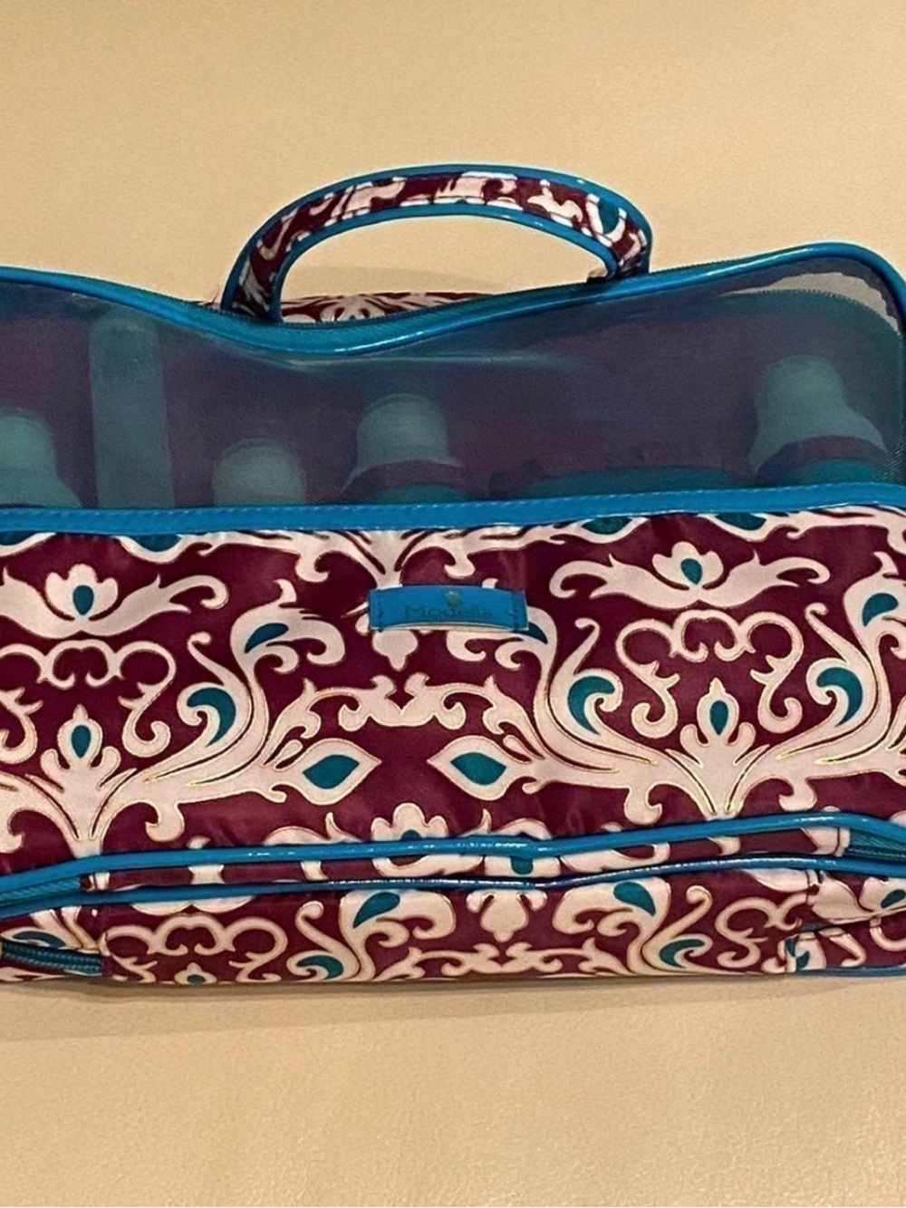 Modella Floral Pattern Tote with Teal Trim